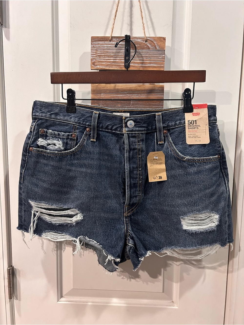 Levi's 501 Original Distressed Denim Short Shorts  - Dark Indigo Blue New